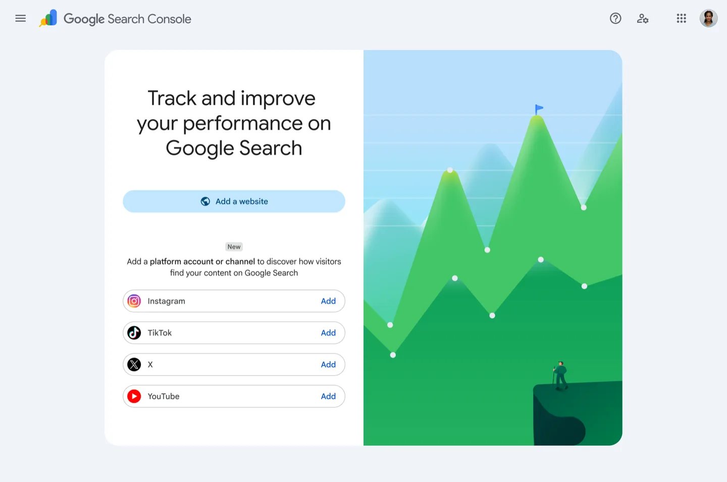 Google Search Console's new Platform Properties screen, with Add buttons to connect Instagram, TikTok, X and YouTube next to the usual option to add a website.